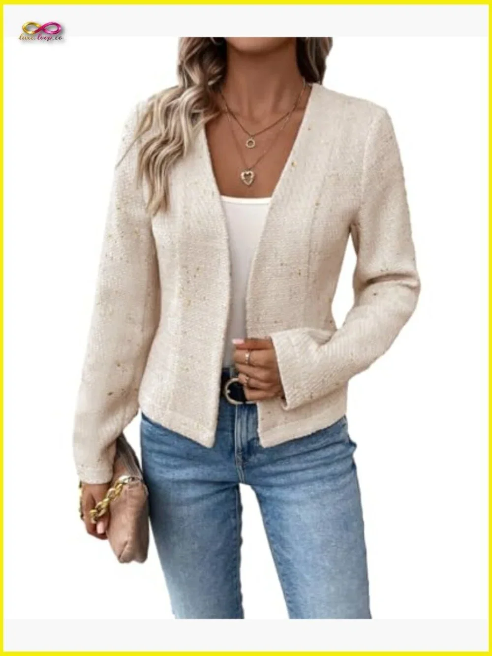 Tweed Blazer Jacket Collarless Open Front Slim Fit Elegant Work Casual